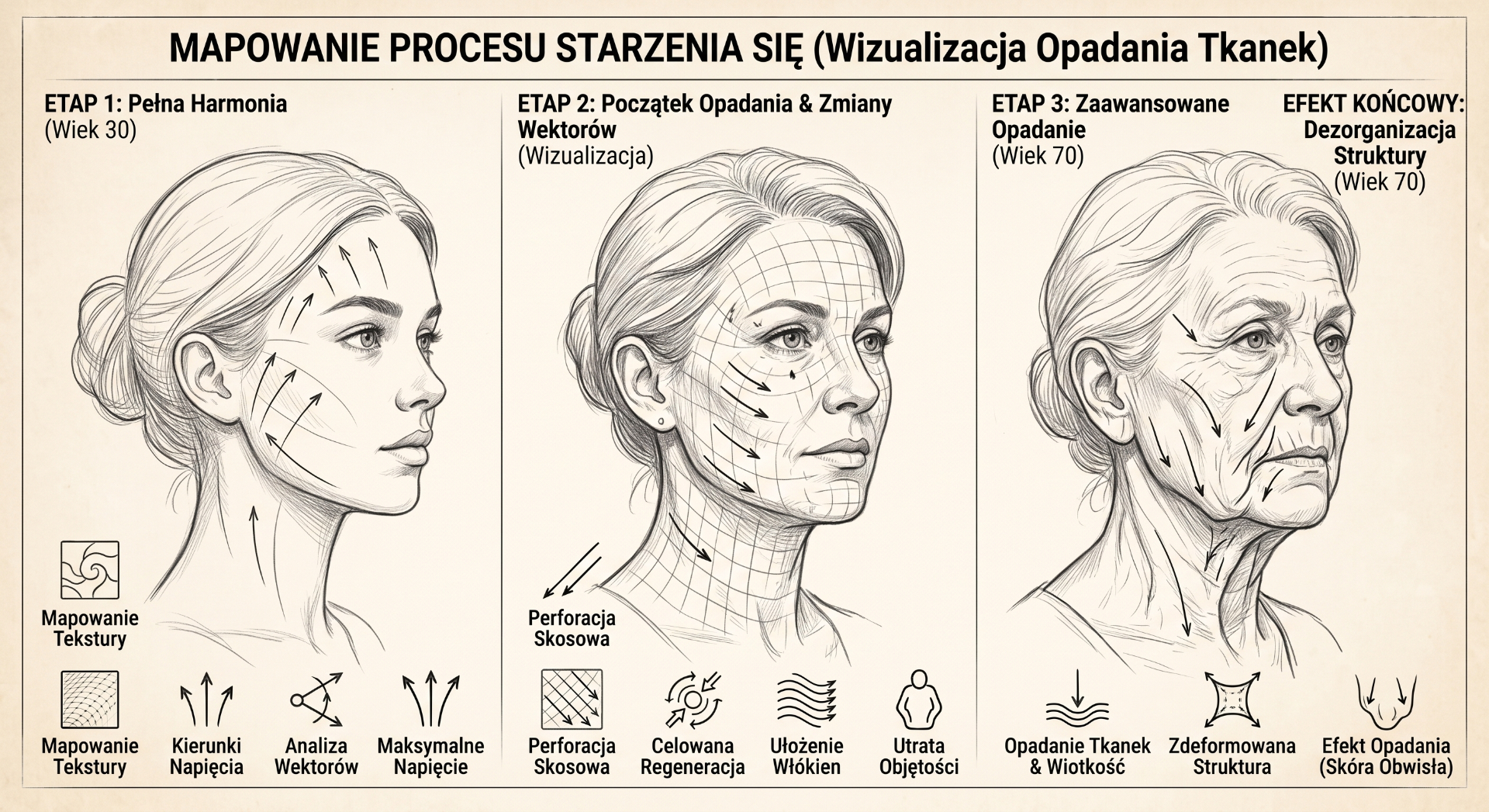 Mapowanie procesu starzenia się — wizualizacja opadania tkanek w trzech etapach: pełna harmonia (30 lat), początek opadania i zmiany wektorów, zaawansowane opadanie (70 lat)