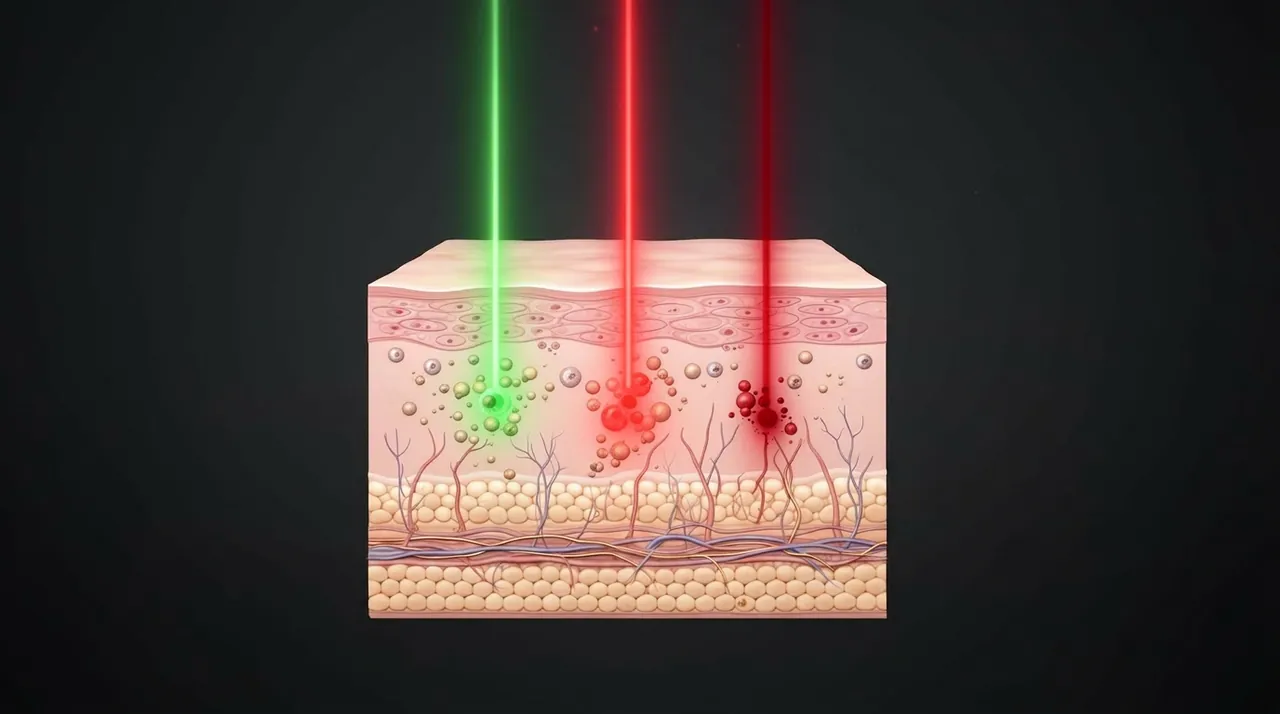 Schemat anatomiczny — trzy długości fali lasera penetrują różne warstwy skóry